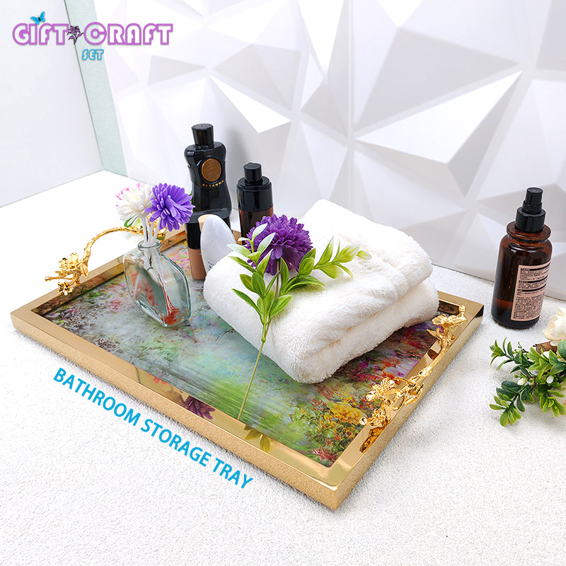 Luxury Gold Handle Decorative Tray, Floral Serving Tray for Home Decor, Wedding, Housewarming Gift