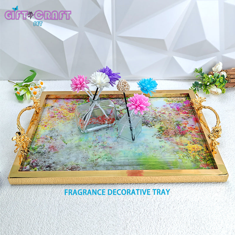 Luxury Gold Handle Decorative Tray, Floral Serving Tray for Home Decor, Wedding, Housewarming Gift