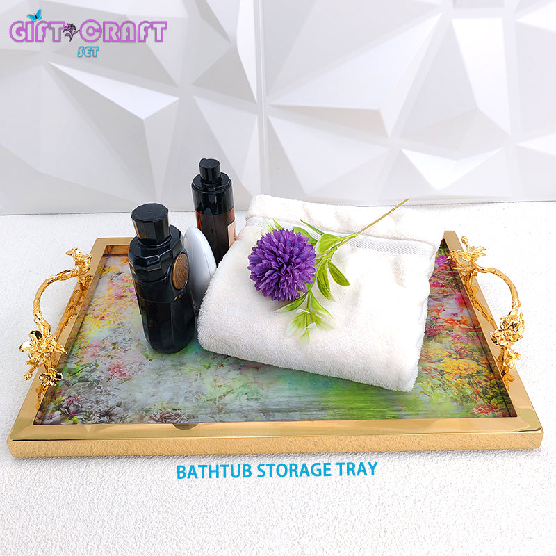 Luxury Gold Handle Decorative Tray, Floral Serving Tray for Home Decor, Wedding, Housewarming Gift