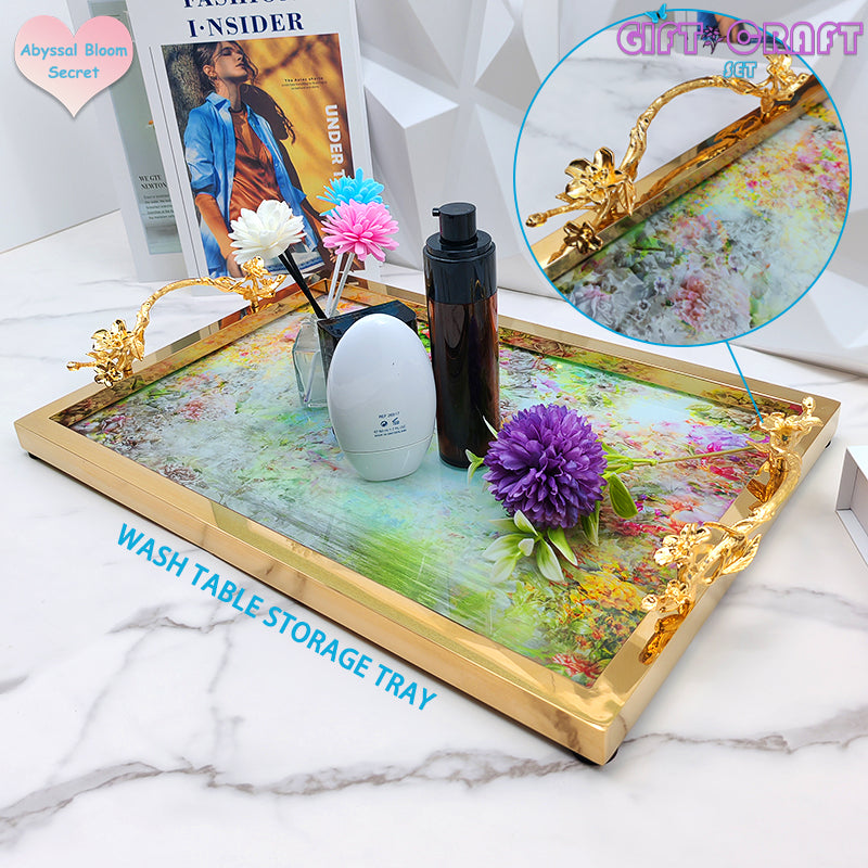 Luxury Gold Handle Decorative Tray, Floral Serving Tray for Home Decor, Wedding, Housewarming Gift