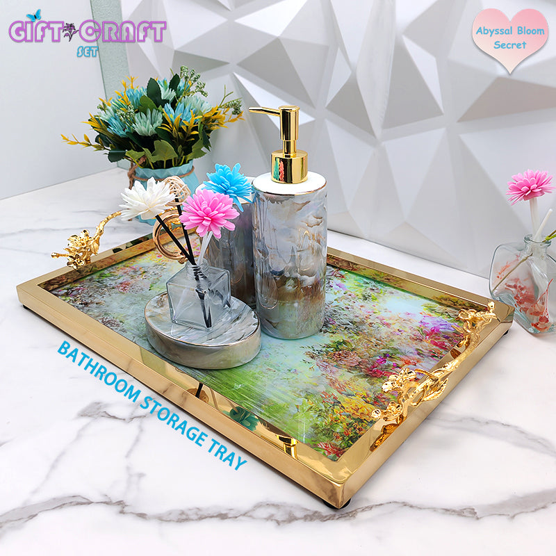 Luxury Gold Handle Decorative Tray, Floral Serving Tray for Home Decor, Wedding, Housewarming Gift