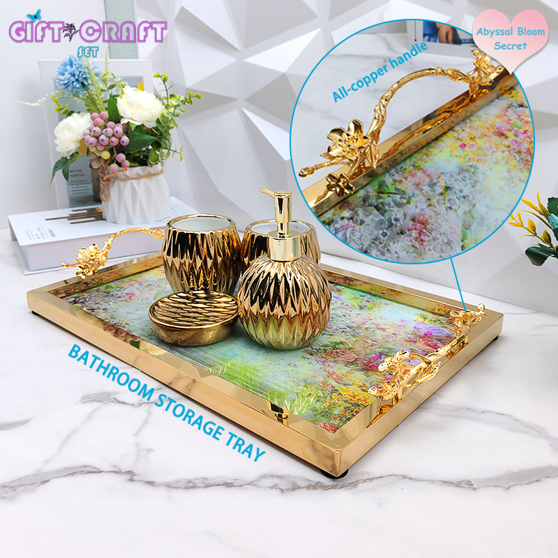Luxury Gold Handle Decorative Tray, Floral Serving Tray for Home Decor, Wedding, Housewarming Gift