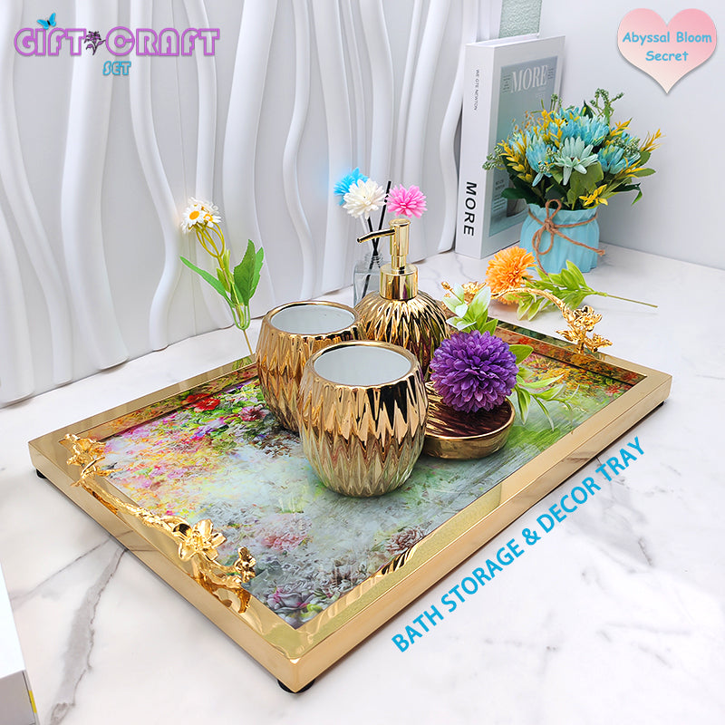 Luxury Gold Handle Decorative Tray, Floral Serving Tray for Home Decor, Wedding, Housewarming Gift