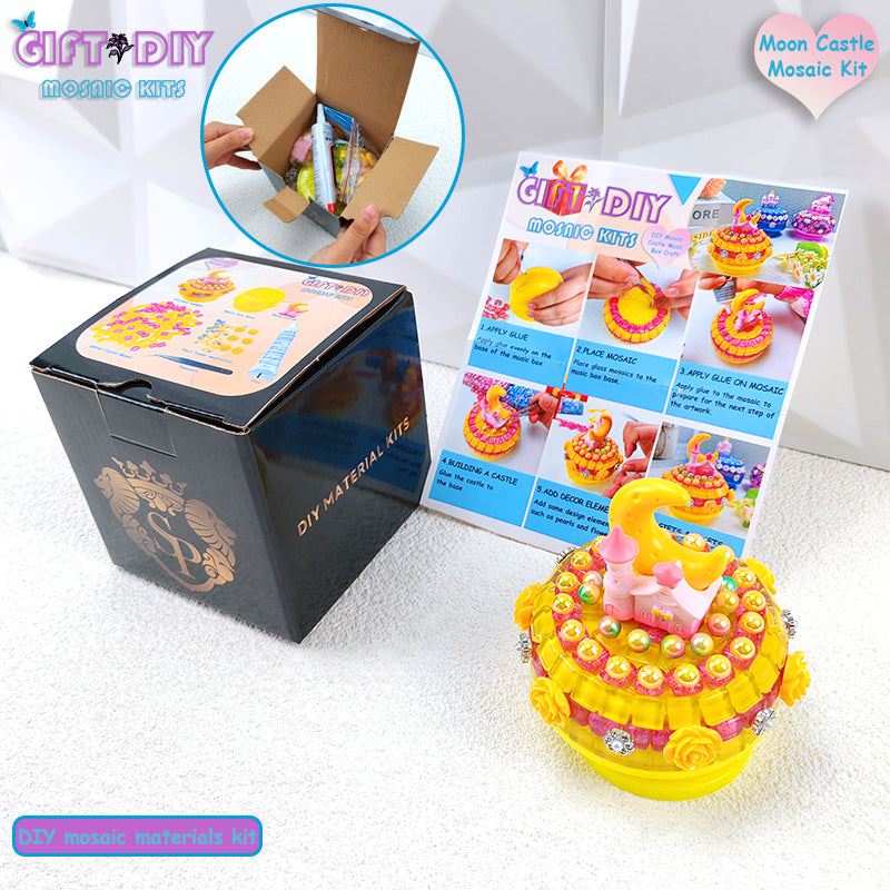 DIY Mosaic Moon Castle Rotating Music Box Kit, Handmade Craft Gift for Kids & Adults, Birthday Christmas Gift