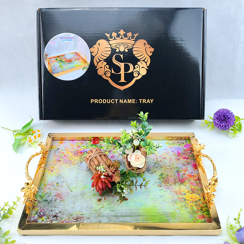 Luxury Gold Handle Decorative Tray, Floral Serving Tray for Home Decor, Wedding, Housewarming Gift