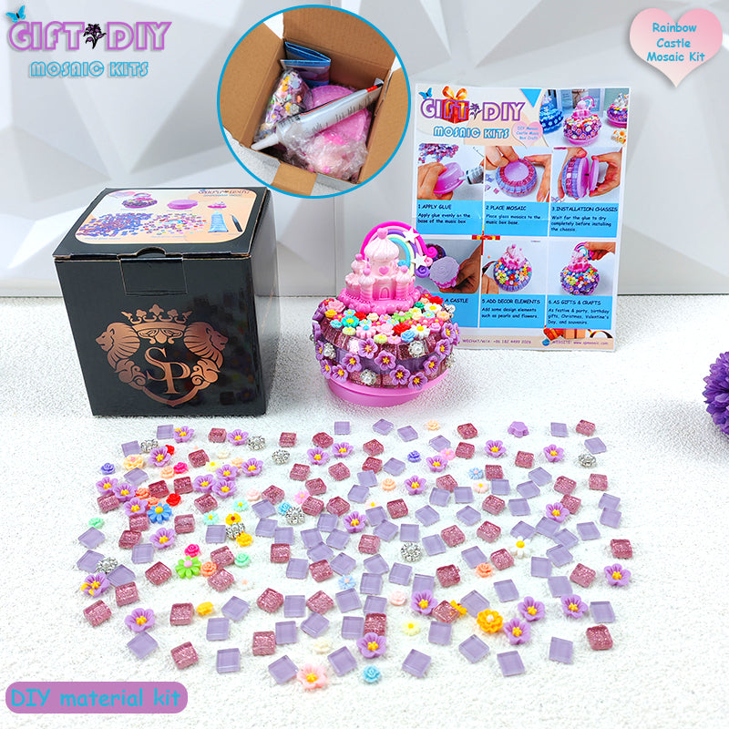 DIY Mosaic Castle Music Box Kit, Handmade Rotating Musical Box for Kids, Birthday Christmas Gift Home Decor