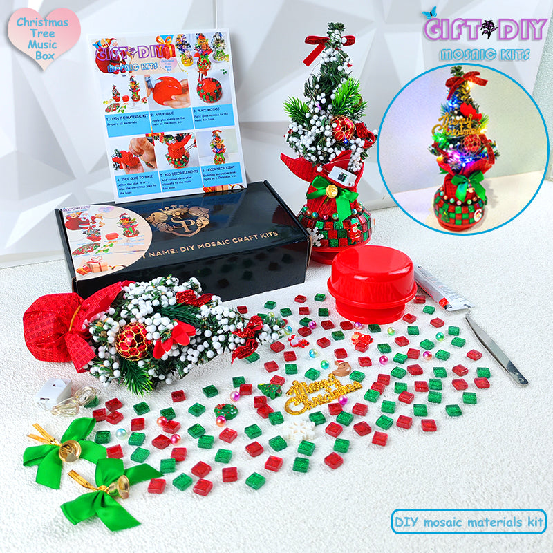 DIY Mosaic Christmas Tree Music Box Kit | Rotating Musical Craft Gift for Kids & Adults, Christmas Birthday Wedding