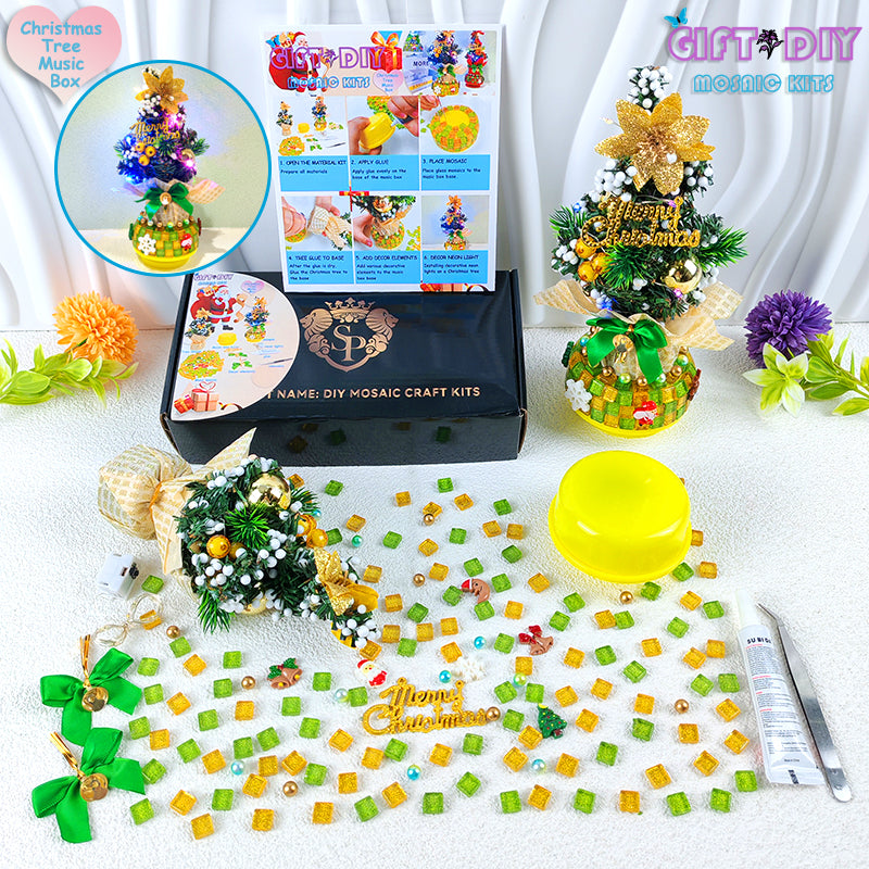 DIY Mosaic Christmas Tree Music Box Kit - Rotating Musical Craft for Holiday Gifts & Family Activities