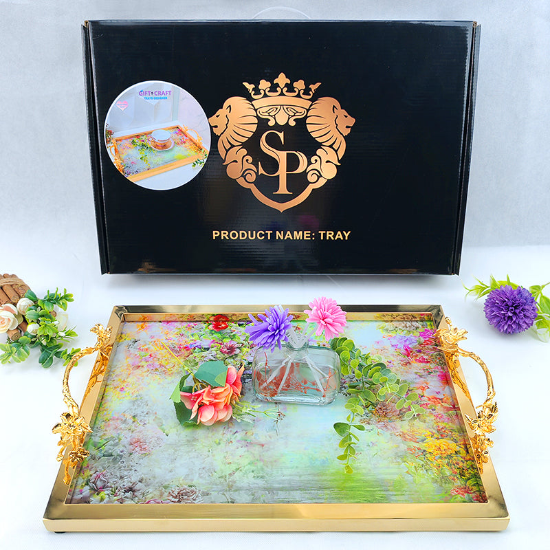 Luxury Gold Handle Decorative Tray, Floral Serving Tray for Home Decor, Wedding, Housewarming Gift