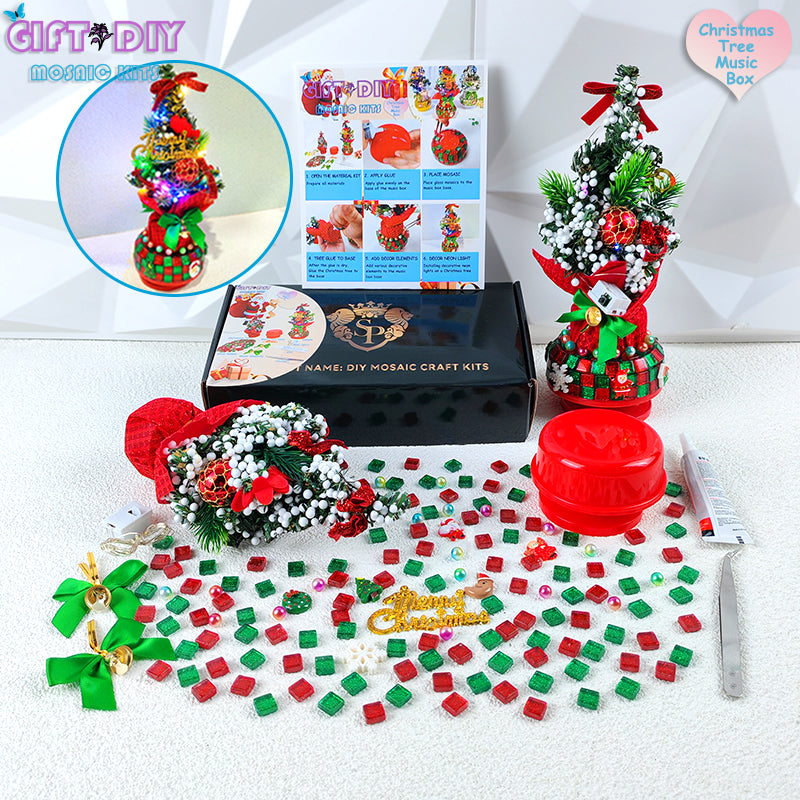 DIY Mosaic Christmas Tree Music Box Kit | Rotating Musical Craft Gift for Kids & Adults, Christmas Birthday Wedding