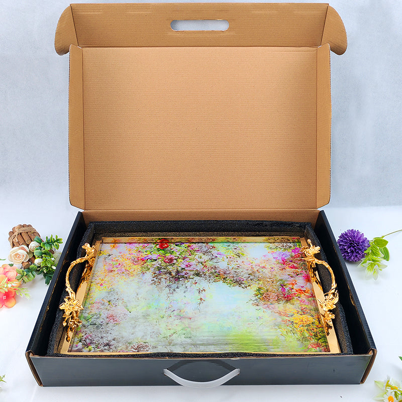 Luxury Gold Handle Decorative Tray, Floral Serving Tray for Home Decor, Wedding, Housewarming Gift