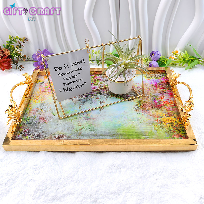 Luxury Gold Handle Decorative Tray, Floral Serving Tray for Home Decor, Wedding, Housewarming Gift