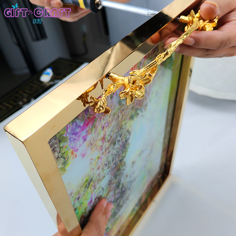 Luxury Gold Handle Decorative Tray, Floral Serving Tray for Home Decor, Wedding, Housewarming Gift